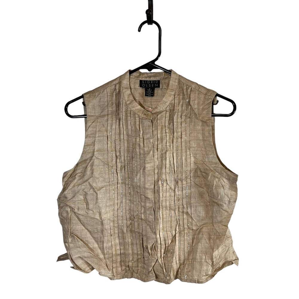 Sigrid Olsen 100% Silk Pleated Beaded Sleeveless Blouse Top
